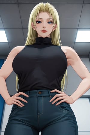 ((best quality)), ((highly detailed)), masterpiece,intricately detailed, hyperdetailed,
YukiTsukumo, 1girl, AS-Adult, blonde, long hair, female focus, solo, sleeveless turtleneck, facing viewer ,Yuki Tsukumo, average_breasts, blue_jeans,narrow_waist, cowboy_shot, smirk, hand_on_hip, 