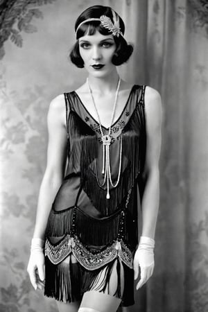 1920's {black and white} photograph of 30 year old woman , Flapper bob, smokey eyes  wearing Silk chemise with beaded fringe hem, drop waist, and scalloped lace trim , Jazz-age boudoir , Graflex Speed Graphic, 127mm f/4.5, 1/25s, ISO 100, Autochrome ,b/w, ((black and white photo)) , film grain