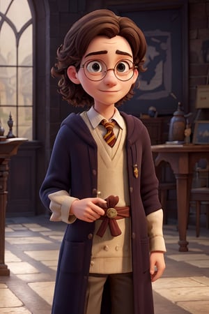 Standding,((best quality)),((highly detailed)), perfect anatomy, masterpiece,scenery,intricately detailed, hyperdetailed, blurry background, depth of field, best quality, masterpiece, intricate details, tonemapping, sharp focus, hyper detailed, high 1res, ((daylight)), (at hogwarts),((Harry Potter)), ((16 years old)) , ((round glasses)) ,, happy , (dark brown hair) , holding wand, wearing robe