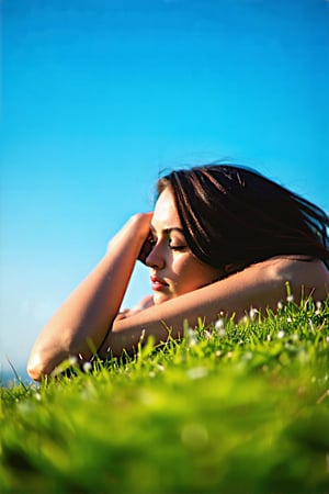 A serene woman's silhouette is framed against a bright blue sky, her body relaxed on a lush green grassy hillside. Soft sunlight casts a warm glow, highlighting the gentle curves of her face and the softness of her hair as it spreads across the terrain. She lies tranquil, hands folded under her head, with the surrounding landscape blurring into a picturesque backdrop.