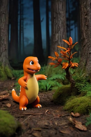 Standding,((best quality)),((highly detailed)), perfect anatomy, masterpiece,scenery,intricately detailed, hyperdetailed, blurry background, depth of field, best quality, masterpiece, intricate details, tonemapping, sharp focus, hyper detailed, high 1res, ((at night)),((in forest),Charmander , happy, short bright orange fur   , ,Charmander_Pokemon,claymation