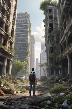A city in ruins, nature is taking over, skyscrapers, trees, cars, a lone person with backpack, 
Photo, realistic, documentary, from street level ,Extremely Realistic