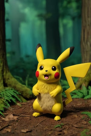 Standding,((best quality)),((highly detailed)), perfect anatomy, masterpiece,scenery,intricately detailed, hyperdetailed, blurry background, depth of field, best quality, masterpiece, intricate details, tonemapping, sharp focus, hyper detailed, high 1res, ((at night)),((in forest),pikachu, happy, short furr ,claymation
