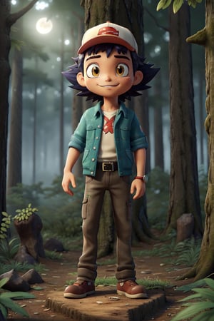 Standding,((best quality)),((highly detailed)), perfect anatomy, masterpiece,scenery,intricately detailed, hyperdetailed, blurry background, depth of field, best quality, masterpiece, intricate details, tonemapping, sharp focus, hyper detailed, high 1res, ((at night)),((in forest),Ash Ketchum ,, happy, 