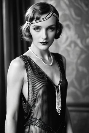 1920's {black and white} photograph of 30 year old woman , Flapper bob, smokey eyes  wearing Silk chemise with beaded fringe hem, drop waist, and scalloped lace trim , Jazz-age boudoir , Graflex Speed Graphic, 127mm f/4.5, 1/25s, ISO 100, Autochrome ,b/w, ((black and white photo)) , film grain