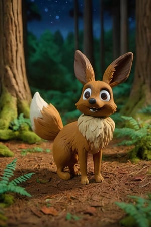 Standding,((best quality)),((highly detailed)), perfect anatomy, masterpiece,scenery,intricately detailed, hyperdetailed, blurry background, depth of field, best quality, masterpiece, intricate details, tonemapping, sharp focus, hyper detailed, high 1res, ((at night)),((in forest),eevee, happy, ,claymation