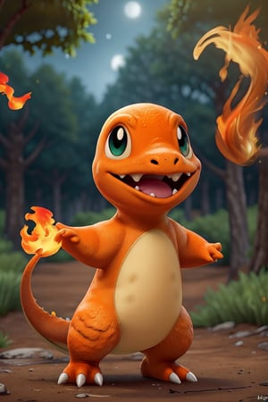 Standding,((best quality)),((highly detailed)), perfect anatomy, masterpiece,scenery,intricately detailed, hyperdetailed, blurry background, depth of field, best quality, masterpiece, intricate details, tonemapping, sharp focus, hyper detailed, high 1res, ((at night)),((in forest),Charmander , happy, short bright orange fur   , ,Charmander_Pokemon