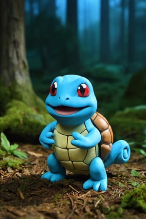 Standding,((best quality)),((highly detailed)), perfect anatomy, masterpiece,scenery,intricately detailed, hyperdetailed, blurry background, depth of field, best quality, masterpiece, intricate details, tonemapping, sharp focus, hyper detailed, high 1res, ((at night)),((in forest),squirtle , happy,  soaked ground , ,Squirtle_Pokemon,claymation