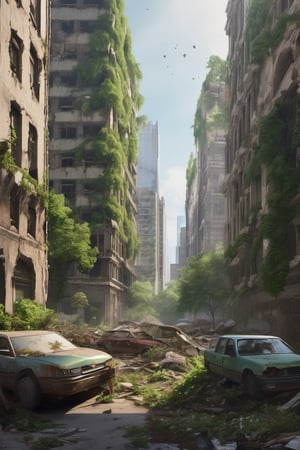 A city in ruins, nature is taking over, skyscrapers, trees, cars, 
Photo, realistic, documentary, from street level 