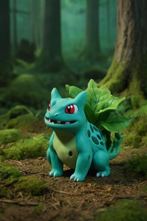 Standding,((best quality)),((highly detailed)), perfect anatomy, masterpiece,scenery,intricately detailed, hyperdetailed, blurry background, depth of field, best quality, masterpiece, intricate details, tonemapping, sharp focus, hyper detailed, high 1res, ((at night)),((in forest),Bulbasaur , happy,  sitting, ,Bulbasaur_Pokemon,claymation