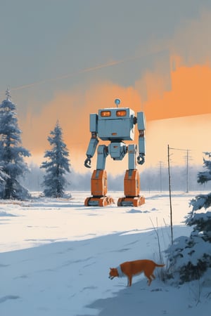 A large white and orange decommissioned shut off robot standing in the winter landscape , Sweden, 1986, in the style of Simon Stålenhag