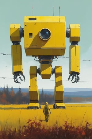 A large yellow robot walking across a field in the late autumn, Sweden, 1986, in the style of Simon Stålenhag