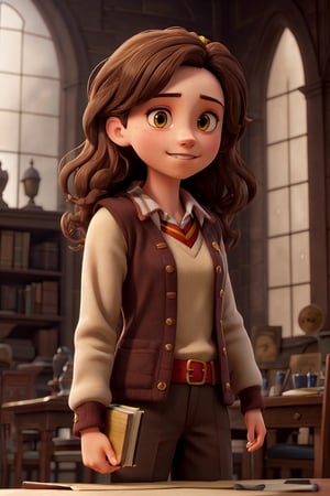 Standing ,((best quality)),((highly detailed)), perfect anatomy, masterpiece,scenery,intricately detailed, hyperdetailed, blurry background, depth of field, best quality, masterpiece, intricate details, tonemapping, sharp focus, hyper detailed, high 1res, ((daylight)), (at hogwarts),((Hermione Granger), ((16 years old))  ,, happy , (dark brown hair) , holding books,Hermione Granger