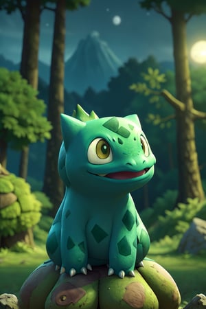 Standding,((best quality)),((highly detailed)), perfect anatomy, masterpiece,scenery,intricately detailed, hyperdetailed, blurry background, depth of field, best quality, masterpiece, intricate details, tonemapping, sharp focus, hyper detailed, high 1res, ((at night)),((in forest),Bulbasaur , happy,  sitting, ,Bulbasaur_Pokemon