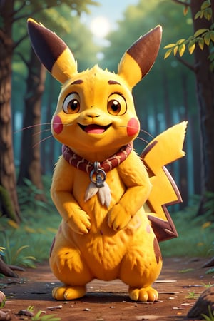 Standding,((best quality)),((highly detailed)), perfect anatomy, masterpiece,scenery,intricately detailed, hyperdetailed, blurry background, depth of field, best quality, masterpiece, intricate details, tonemapping, sharp focus, hyper detailed, high 1res, ((at night)),((in forest),pikachu, happy, short furr 