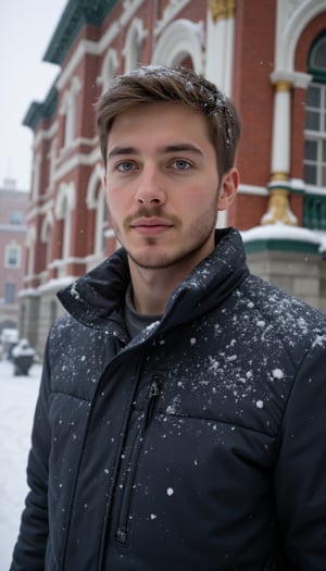 Clip_I: A young man with striking blue eyes stands outdoors in a snow-covered urban setting, likely near a historical building with ornate architecture. His short, well-groomed hair is slightly tousled, and his face is framed by a light beard and mustache. His skin appears natural with visible pores and a slight flush from the cold. He is wearing a dark, patterned winter jacket with snowflakes clinging to the fabric. Behind him, an iconic building with red brick and green and gold accents fades into a soft blur, adding depth to the image. Snow is gently falling, creating a serene, wintry atmosphere. His expression is calm and thoughtful, looking slightly to the side, while the cold weather adds a touch of redness to his cheeks and nose.

T5: Photorealistic, focusing on the detailed textures of his jacket and skin, particularly the snowflakes and the subtle reflection in his eyes. The background features soft bokeh, with the historical architecture slightly out of focus to emphasize the subject. The lighting is natural, capturing the crisp winter air and the cool tones of the scene. Mid-range shot, with a shallow depth of field to keep the subject sharp while softly blending the snow and background elements.