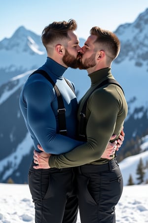 Generate an image, shot on a Hassalblad camera, of two men sharing a romantic kiss on a snowy mountain peak, with a breathtaking view of snow-covered mountains and blue skies in the background. Both men are dressed in cold-weather, sporty attire, showcasing their muscular physiques, as they stand closely, embracing one another against the wintery landscape.  Both men have with freckles and their skin has a rough texture with pimples, moles and beauty marks all over their skin and the pores of their skin can be seen.

The man on the left has light skin and a well-groomed beard. His brown hair is short and neatly styled, slightly tousled by the cold air. He is wearing a tight-fitting blue turtleneck sweater that accentuates his athletic build, especially his broad shoulders and toned arms. His left hand is gently placed on the other man's waist, while his right arm reaches around to hold his partner’s back, pulling him close. His face is angled slightly upward as he kisses his partner, eyes closed, savoring the moment.

The man on the right also has light skin, a clean-shaven face, and short brown hair. He wears a dark olive-green turtleneck sweater, equally snug to emphasize his muscular frame. His posture mirrors the man on the left, leaning in as they share the kiss, with his arms wrapped around his partner’s waist. His expression is tender and peaceful, his eyes closed in affection.

Both men are wearing black, insulated snow pants with suspenders, suited for the cold, mountainous environment. The snow beneath their feet is pristine and bright, contrasting with the darker clothing they wear. In the distance, the image captures the towering white peaks of the surrounding mountains, with deep blue skies and the soft light of the sun casting gentle shadows on the snow-covered slopes. The scene is one of warmth and connection, set against the majestic backdrop of nature’s winter beauty.