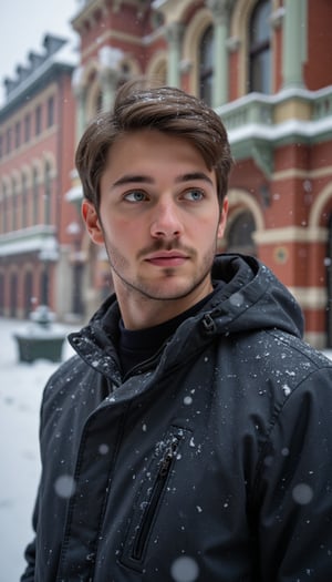 Clip_I: A young man with striking blue eyes stands outdoors in a snow-covered urban setting, likely near a historical building with ornate architecture. His short, well-groomed hair is slightly tousled, and his face is framed by a light beard and mustache. His skin appears natural with visible pores and a slight flush from the cold. He is wearing a dark, patterned winter jacket with snowflakes clinging to the fabric. Behind him, an iconic building with red brick and green and gold accents fades into a soft blur, adding depth to the image. Snow is gently falling, creating a serene, wintry atmosphere. His expression is calm and thoughtful, looking slightly to the side, while the cold weather adds a touch of redness to his cheeks and nose.

T5: Photorealistic, focusing on the detailed textures of his jacket and skin, particularly the snowflakes and the subtle reflection in his eyes. The background features soft bokeh, with the historical architecture slightly out of focus to emphasize the subject. The lighting is natural, capturing the crisp winter air and the cool tones of the scene. Mid-range shot, with a shallow depth of field to keep the subject sharp while softly blending the snow and background elements.