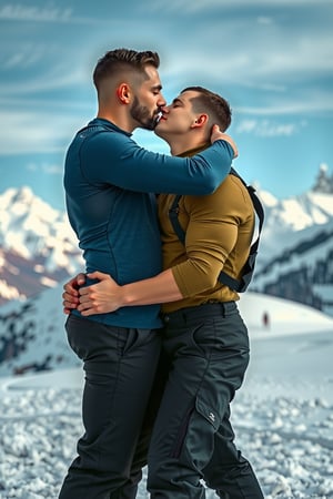 Generate an image, shot on a Hassalblad camera, of two men sharing a romantic kiss on a snowy mountain peak, with a breathtaking view of snow-covered mountains and blue skies in the background. Both men are dressed in cold-weather, sporty attire, showcasing their muscular physiques, as they stand closely, embracing one another against the wintery landscape.  Both men have with freckles and their skin has a rough texture with pimples, moles and beauty marks all over their skin and the pores of their skin can be seen.

The man on the left has light skin and a well-groomed beard. His brown hair is short and neatly styled, slightly tousled by the cold air. He is wearing a tight-fitting blue turtleneck sweater that accentuates his athletic build, especially his broad shoulders and toned arms. His left hand is gently placed on the other man's waist, while his right arm reaches around to hold his partner’s back, pulling him close. His face is angled slightly upward as he kisses his partner, eyes closed, savoring the moment.

The man on the right also has light skin, a clean-shaven face, and short brown hair. He wears a dark olive-green turtleneck sweater, equally snug to emphasize his muscular frame. His posture mirrors the man on the left, leaning in as they share the kiss, with his arms wrapped around his partner’s waist. His expression is tender and peaceful, his eyes closed in affection.

Both men are wearing black, insulated snow pants with suspenders, suited for the cold, mountainous environment. The snow beneath their feet is pristine and bright, contrasting with the darker clothing they wear. In the distance, the image captures the towering white peaks of the surrounding mountains, with deep blue skies and the soft light of the sun casting gentle shadows on the snow-covered slopes. The scene is one of warmth and connection, set against the majestic backdrop of nature’s winter beauty.