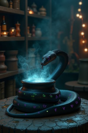 HD, 4k, A jet-black snake with glowing, magical runes etched along its scales, coiling around a bubbling, smoking cauldron inside a dark, cobweb-filled witch’s hut. The runes pulse with eerie green and purple light as the snake gazes into the bubbling potion, its forked tongue flickering in the air. Above, shelves filled with grimoires and spell ingredients create a dark, mystical atmosphere.