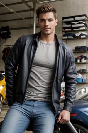 a realistic photograph of a handsome Germany Male spokesmodel, above the waist, fit, confident. 
 Leaning against a wall.  leather jacket, no shirt, bluejeans, sublte stubble, highest quality, mechanic garage background, bright lighting,bulge,<lora:659111690174031528:1.0>,<lora:659111690174031528:1.0>