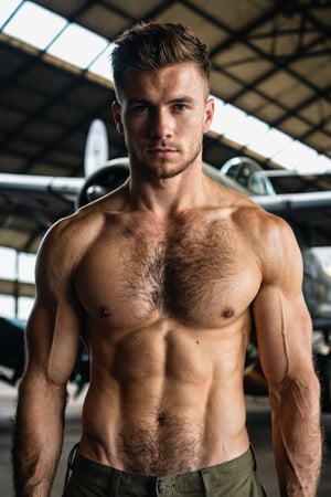 4k, half body photo of 25 y.o solider man posing in a hanger with old planes, shirtless, (hairy), natural skin, soft box light