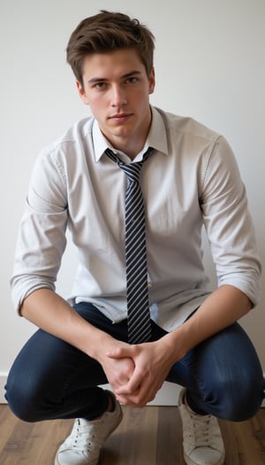 A highly detailed portrait of a young Caucasian man with fair skin and no facial hair. His face is clean-shaven, emphasizing the smooth, clear complexion with no stubble or beard. He has sharp facial features, with slightly tanned skin, and subtle imperfections like small freckles near his cheeks. His hair is light brown and styled in a messy, spiked fashion with a casual, tousled look. His eyes are light brown and gazing softly towards the camera with a relaxed, confident expression.

He is wearing a slightly wrinkled, fitted button-up shirt with thin, light gray vertical stripes. The shirt sleeves are rolled up casually to his elbows, and the top button is left undone, revealing a bit of his collarbone. A black-and-white striped tie hangs loosely around his neck, further adding to his casual look. His posture is relaxed, as he is squatting down with both hands resting on his knees, dressed in dark blue, slim-fit jeans and worn-out white sneakers.

The setting is indoors, against a white wall with a subtle, lightly textured surface. The lighting is soft and natural, casting gentle shadows on his face and emphasizing the natural tones in his hair and skin. The image is framed to focus primarily on the man’s upper body, with the lower part of his legs slightly blurred in the foreground.