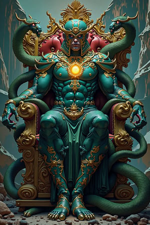 A regal man with the torso and face of a human but whose arms and legs are serpentine, covered in iridescent scales. His fingers taper into snake heads, each with glowing eyes, and he sits upon a throne made of twisted vines and serpents, symbolizing both power and transformation.,Marvel comic style 