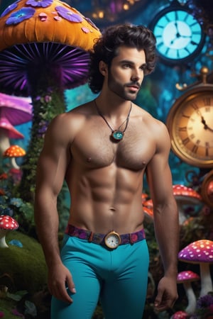 "Digital illustration of a male underwear model, dark-haired with a hairy chest, in a whimsical, Alice in Wonderland-inspired setting. Type of Image: digital illustration, Art Styles: fantasy, Art Inspirations: by Rutkowski, Behance, Camera: short telephoto lens, close-up shot capturing the model amidst oversized, colorful mushroom and clock gears. Render Related Information: (4K resolution:1.2), (ambient light:1.1) to create a magical atmosphere, and (bright colors:1.3) to bring the fantastical scene to life."
