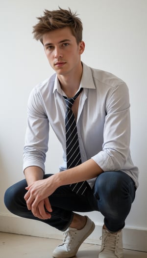 A highly detailed portrait of a young Caucasian man with fair skin and no facial hair. His face is clean-shaven, emphasizing the smooth, clear complexion with no stubble or beard. He has sharp facial features, with slightly tanned skin, and subtle imperfections like small freckles near his cheeks. His hair is light brown and styled in a messy, spiked fashion with a casual, tousled look. His eyes are light brown and gazing softly towards the camera with a relaxed, confident expression.

He is wearing a slightly wrinkled, fitted button-up shirt with thin, light gray vertical stripes. The shirt sleeves are rolled up casually to his elbows, and the top button is left undone, revealing a bit of his collarbone. A black-and-white striped tie hangs loosely around his neck, further adding to his casual look. His posture is relaxed, as he is squatting down with both hands resting on his knees, dressed in dark blue, slim-fit jeans and worn-out white sneakers.

The setting is indoors, against a white wall with a subtle, lightly textured surface. The lighting is soft and natural, casting gentle shadows on his face and emphasizing the natural tones in his hair and skin. The image is framed to focus primarily on the man’s upper body, with the lower part of his legs slightly blurred in the foreground.