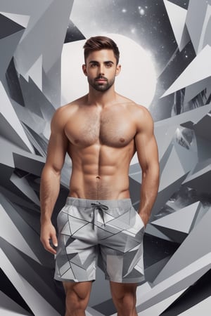 "Artistic image of a man resembling Jonathan Bennett, shirtless with a hairy chest, striking grey eyes, and visible arm tattoos, wearing grey shorts and white sneakers. The setting is an unusual, abstract space with floating geometric shapes and a kaleidoscopic background. Type of Image: abstract painting, Art Styles: modern abstract, Art Inspirations: by oprisco, Dribble. Camera: wide angle lens, full body shot capturing the subject amidst the abstract elements. Render Related Information: (high resolution:1.15), (soft light:1.25) for a dreamlike quality, and (monochromatic color scheme:1.3) with splashes of vibrant colors to accentuate the abstract nature of the scene."

