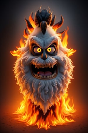 a cartoonish creature with a spiky black mohawk, made of fire, is depicted in a close-up shot. The creature's face is adorned with glowing yellow eyes and a white beard made of fire. Its mouth is wide open, revealing sharp teeth. Its eyes are a piercing yellow, adding a pop of color to the scene. The background is a vibrant orange, creating a striking contrast to the creature's head. The scene is set against a dark backdrop, with bright orange flames surrounding the creature.