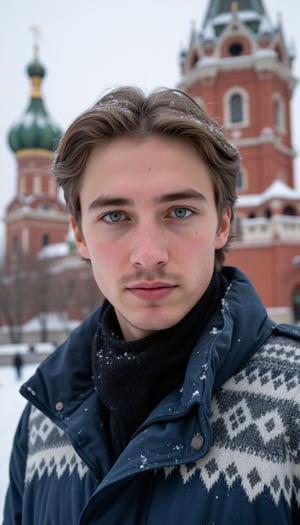 Clip_I: A close-up of a young man with bright, piercing blue eyes and light skin, standing in a snowy cityscape. His hair is a light brown, swept back but slightly windswept, with a few strands falling loosely over his forehead. His hair shows a subtle shine under the soft winter light, with individual strands visible. His face is detailed, showing a light layer of stubble around his chin and jawline, and his skin has a natural texture with visible pores, slight freckles, and a faint blush caused by the cold. His eyebrows are thick and slightly furrowed, giving him a focused, contemplative expression. His lips are slightly parted, and the cold has turned them a light shade of pink. His winter coat is dark blue, with intricate gray and white Nordic-style patterns along the chest and arms. Snowflakes rest on his coat and in his hair, melting slightly, while some stick to the rough fabric. The fabric of the coat appears insulated, with a padded texture, while the knitted patterns add a cozy feel. Behind him, the blurred silhouette of an ornate, historical building with green domes and golden spires provides depth, while soft snow continues to fall.

T5: Ultra-realistic close-up shot, with particular attention to the textures of his hair, the roughness of his stubble, and the slight flush on his skin from the cold. His winter coat’s fabric should show subtle wear and texture, with the snowflakes appearing delicate and distinct as they rest on his clothing and hair. Use soft, natural lighting from the overcast sky, highlighting his face while keeping the background softly out of focus, creating depth. The mood is calm and serene, with the cold winter atmosphere enhanced by the visible breath and snow falling in the background. The image should have a shallow depth of field, with the subject sharply in focus while the intricate historical building behind him remains slightly blurred.