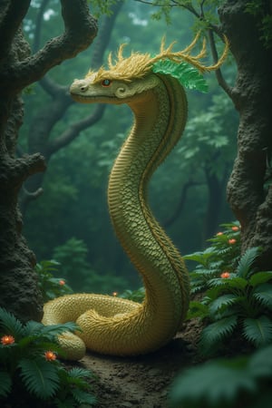 A majestic cobra with golden scales and a crown of emerald leaves stands tall in a dense jungle, surrounded by ancient trees and bioluminescent flowers. Its hood is marked with mystical symbols, and it radiates an aura of protective magic, as if it's the guardian of the forest.