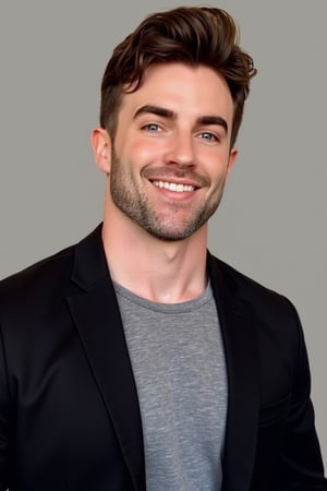 A handsome 30-year-old Italian man with short brown hair, clean shave, and average build. He is wearing a black suit jacket over a grey tee shirt. Half-body shot, well-lit, with a neutral background.