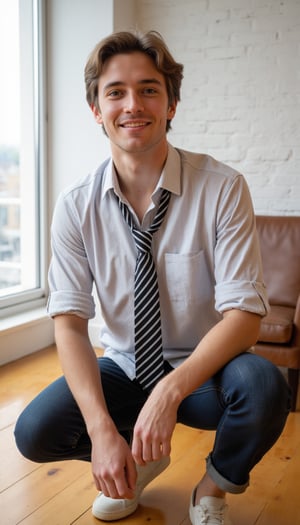 A detailed portrait of a happy young man with fair skin,  His face is dotted with freckles, moles, and a few tiny skin tags, adding to his unique charm.  His rough skin texture and visible pores enhance the realism. He has soft brown eyes that sparkle with joy and well-defined cheekbones that accentuate his youthful and handsome appearance. His short, tousled light brown hair is styled in a messy, casual fashion, falling effortlessly around his forehead. He wears a light, pinstriped shirt with the sleeves casually rolled up, revealing his forearms. An undone black-and-white striped tie hangs loosely around his neck, completing his relaxed yet stylish look.

He is squatting slightly, his weight balanced on the balls of his feet, conveying a sense of ease and confidence. He wears dark blue jeans that contrast with the lightness of his shirt and white sneakers that add a touch of urban cool. The setting is a modern loft with a white painted brick wall and a warm, honey-colored hardwood floor that gleams softly under the light of a large window. A worn, leather armchair sits slightly behind him to the right, adding depth and context to the scene.  The camera angle is slightly low, capturing the subject from a dynamic perspective and emphasizing his relaxed posture. Hasselblad. 