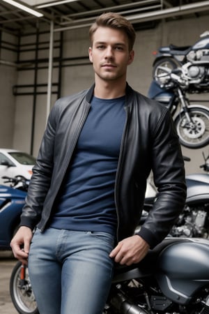 a realistic photograph of a handsome German male spokesmodel, above the waist, fit, confident. leather jacket, no shirt, bluejeans, sublte stubble, highest quality, mechanic garage background, bright lighting,bulge,<lora:659111690174031528:1.0>,<lora:659111690174031528:1.0>