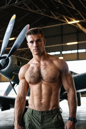 4k, half body photo of 25 y.o solider man posing in a hanger with old planes, shirtless, (hairy), natural skin, soft box light