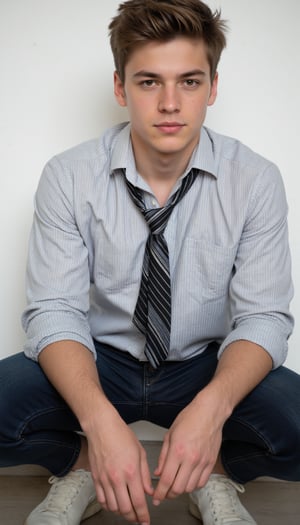 A highly detailed portrait of a young Caucasian man with fair skin and no facial hair. His face is clean-shaven, emphasizing the smooth, clear complexion with no stubble or beard. He has sharp facial features, with slightly tanned skin, and subtle imperfections like small freckles near his cheeks. His hair is light brown and styled in a messy, spiked fashion with a casual, tousled look. His eyes are light brown and gazing softly towards the camera with a relaxed, confident expression.

He is wearing a slightly wrinkled, fitted button-up shirt with thin, light gray vertical stripes. The shirt sleeves are rolled up casually to his elbows, and the top button is left undone, revealing a bit of his collarbone. A black-and-white striped tie hangs loosely around his neck, further adding to his casual look. His posture is relaxed, as he is squatting down with both hands resting on his knees, dressed in dark blue, slim-fit jeans and worn-out white sneakers.

The setting is indoors, against a white wall with a subtle, lightly textured surface. The lighting is soft and natural, casting gentle shadows on his face and emphasizing the natural tones in his hair and skin. The image is framed to focus primarily on the man’s upper body, with the lower part of his legs slightly blurred in the foreground.