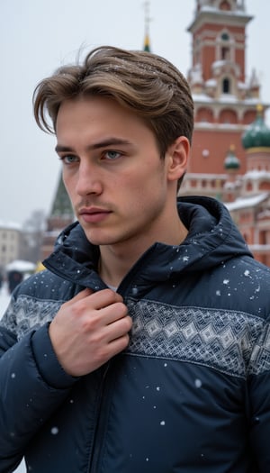 Clip_I: A young man with bright, piercing blue eyes and light skin stands outdoors in a snowy cityscape, actively adjusting his dark winter coat. His body is slightly turned as he lifts one arm to zip up the coat, pulling it snugly against his chest, revealing his muscular build beneath the layers. His light brown hair, swept back but slightly tousled from the wind, moves with his motion, and a few strands fall loosely over his forehead. His hair has a subtle shine under the soft winter light, with individual strands visible. His face shows a light layer of stubble around his chin and jawline, with natural skin textures like visible pores, faint freckles, and a blush from the cold. His brows are furrowed with focus, and his lips press slightly together as he concentrates on fastening the coat. The dark blue coat features intricate gray and white Nordic-style patterns along the chest and arms. Snowflakes cling to his coat and hair, while some melt slightly from his motion. The fabric of his coat appears insulated and textured, with snow continuing to fall lightly around him. Behind him, the blurred silhouette of an ornate historical building with green domes and golden spires creates depth.

T5: Ultra-realistic close-up shot, focusing on the motion of him zipping up his coat, with the textures of his hair moving in the wind and the slight flush on his skin from the cold. Snowflakes should rest on his jacket and hair, creating a dynamic feel as some fall off with his motion. Soft, natural lighting from the overcast sky highlights his face and hands, while the background remains blurred, emphasizing the subject. The image should have a shallow depth of field, with the focus on his active gesture and the falling snow creating a sense of movement in the scene.