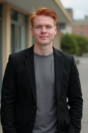 A handsome 30-year-old Irish man with short red hair, average build, wearing a black suit jacket over a grey tee shirt. Half-body shot, centered composition, natural lighting highlighting his features, slight smile, standing casually.