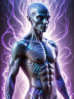 Translucent male alien being, humanoid form, sleek and elegant, body composed of glowing light and energy, soft radiant glow surrounding his form, skin thin and translucent, faint colored energy pulses within, floating gently, soft glowing tattoos on skin, soft blues, silvers, and violets, futuristic environment filled with light and energy, soft light, atmospheric, high-key lighting, ARRI Alexa LF, ethereal, sleek, almost weightless.