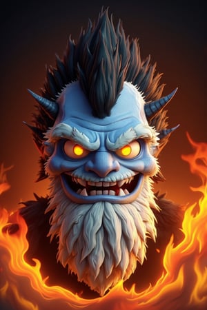 a cartoonish creature with a spiky black mohawk is depicted in a close-up shot. The creature's face is adorned with glowing yellow eyes and a white beard. Its mouth is wide open, revealing sharp teeth. Its eyes are a piercing yellow, adding a pop of color to the scene. The background is a vibrant orange, creating a striking contrast to the creature's head. The scene is set against a dark backdrop, with bright orange flames surrounding the creature.