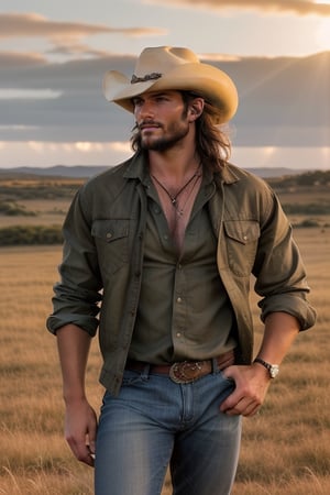 photo of a 30-year-old cowboy who radiates an earthy, magnetic sensuality. He stands boldly shirtless, his deep-set eyes holding tales of long days and passionate nights, set above a rugged jawline peppered with a hint of stubble. The cowboy's chest, a landscape of defined muscles, is softened by a virile dusting of hair, an invitation to the touch. His skin bears the sheen of the open range, bronzed from the kiss of the unforgiving sun, and his low-slung jeans showing his bulge. Against a backdrop of endless skies and whispering grasslands, he's the embodiment of wild allure and untamed love