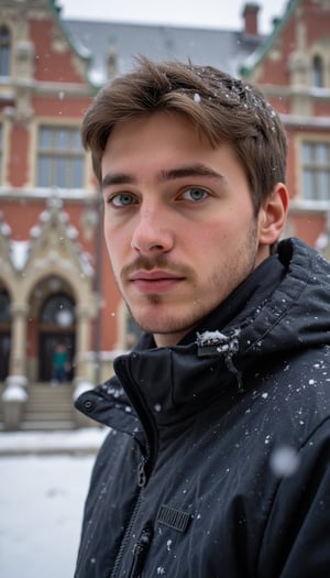 Clip_I: A young man with striking blue eyes stands outdoors in a snow-covered urban setting, likely near a historical building with ornate architecture. His short, well-groomed hair is slightly tousled, and his face is framed by a light beard and mustache. His skin appears natural with visible pores and a slight flush from the cold. He is wearing a dark, patterned winter jacket with snowflakes clinging to the fabric. Behind him, an iconic building with red brick and green and gold accents fades into a soft blur, adding depth to the image. Snow is gently falling, creating a serene, wintry atmosphere. His expression is calm and thoughtful, looking slightly to the side, while the cold weather adds a touch of redness to his cheeks and nose.

T5: Photorealistic, focusing on the detailed textures of his jacket and skin, particularly the snowflakes and the subtle reflection in his eyes. The background features soft bokeh, with the historical architecture slightly out of focus to emphasize the subject. The lighting is natural, capturing the crisp winter air and the cool tones of the scene. Mid-range shot, with a shallow depth of field to keep the subject sharp while softly blending the snow and background elements.