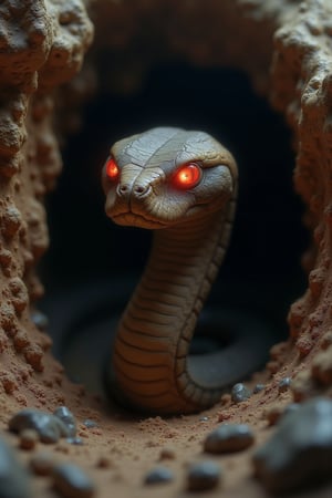 HD, 4k, An Egyptian mummy snake emerging from it's tomb.  It has glowing red eyes.