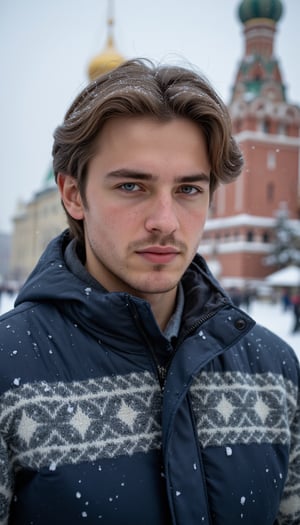 Clip_I: A close-up of a young man with bright, piercing blue eyes and light skin, standing in a snowy cityscape. His hair is a light brown, swept back but slightly windswept, with a few strands falling loosely over his forehead. His hair shows a subtle shine under the soft winter light, with individual strands visible. His face is detailed, showing a light layer of stubble around his chin and jawline, and his skin has a natural texture with visible pores, slight freckles, and a faint blush caused by the cold. His eyebrows are thick and slightly furrowed, giving him a focused, contemplative expression. His lips are slightly parted, and the cold has turned them a light shade of pink. His winter coat is dark blue, with intricate gray and white Nordic-style patterns along the chest and arms. Snowflakes rest on his coat and in his hair, melting slightly, while some stick to the rough fabric. The fabric of the coat appears insulated, with a padded texture, while the knitted patterns add a cozy feel. Behind him, the blurred silhouette of an ornate, historical building with green domes and golden spires provides depth, while soft snow continues to fall.

T5: Ultra-realistic close-up shot, with particular attention to the textures of his hair, the roughness of his stubble, and the slight flush on his skin from the cold. His winter coat’s fabric should show subtle wear and texture, with the snowflakes appearing delicate and distinct as they rest on his clothing and hair. Use soft, natural lighting from the overcast sky, highlighting his face while keeping the background softly out of focus, creating depth. The mood is calm and serene, with the cold winter atmosphere enhanced by the visible breath and snow falling in the background. The image should have a shallow depth of field, with the subject sharply in focus while the intricate historical building behind him remains slightly blurred.