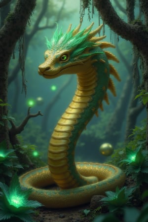 A majestic cobra with golden scales and a crown of emerald leaves stands tall in a dense jungle, surrounded by ancient trees and bioluminescent flowers. Its hood is marked with mystical symbols, and it radiates an aura of protective magic, as if it's the guardian of the forest.