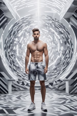 "Artistic image of a man resembling Jonathan Bennett, shirtless with a hairy chest, striking grey eyes, and visible arm tattoos, wearing grey shorts and white sneakers. The setting is an unusual, abstract space with floating geometric shapes and a kaleidoscopic background. Type of Image: abstract painting, Art Styles: modern abstract, Art Inspirations: by oprisco, Dribble. Camera: wide angle lens, full body shot capturing the subject amidst the abstract elements. Render Related Information: (high resolution:1.15), (soft light:1.25) for a dreamlike quality, and (monochromatic color scheme:1.3) with splashes of vibrant colors to accentuate the abstract nature of the scene."
