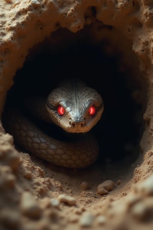 HD, 4k, An Egyptian mummy snake emerging from it's tomb.  It has glowing red eyes.